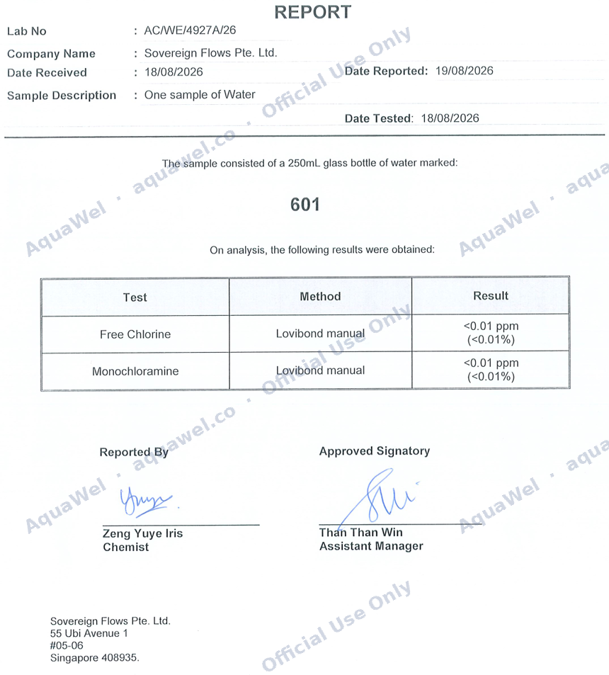 AquaWel independent lab test certificate — Lab No. AC/WE/4927A/26, chlorine and chloramine not detected
