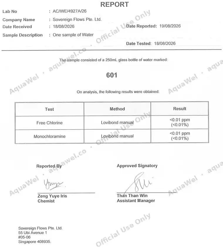 Lab report AC/WE/4927A/26: free chlorine and monochloramine both below 0.01 ppm, Lovibond manual method, sample 601, tested 18 August 2026